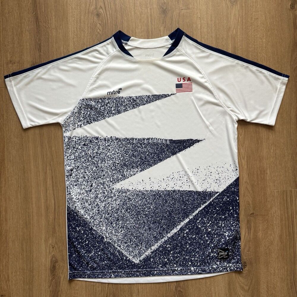 Mitre Shirt Mens Small White Blue Soccer USA Short Sleeve Activewear Sports